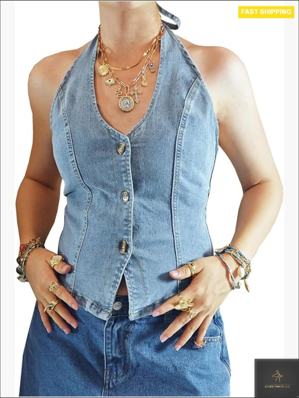 Sleeveless Denim Halter Top Backless V Neck Button Down Crop Jean Vest Y2K Tie